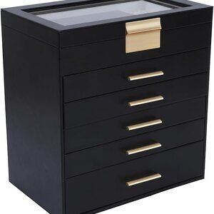 Jewelry Box for Women, Black 6 Layer Large Jewelry Organizer with Glass Lid for